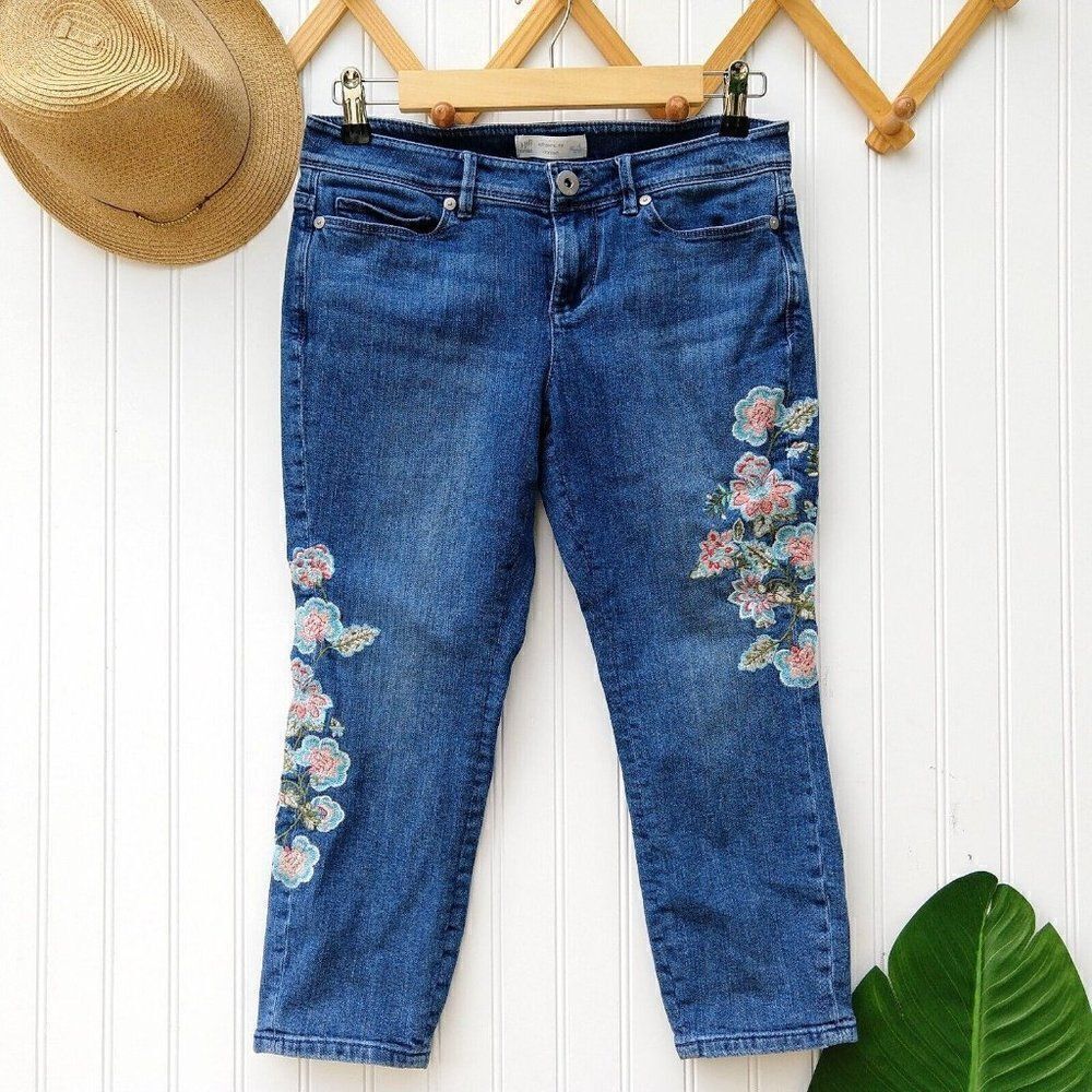 J Jill Authentic Fit Cropped Embroidered Jeans Size 4P Petite Floral Stretch